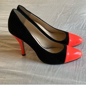 Isola Suede Heels, Black with Orange Patent Details, Sz 10